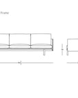 Line drawing of a three-seat mid-century sofa, 94.5"W x 34.5"D x 30.5"H, shown in side and front views. Text reads Pensive Sofa | Leather and Wooden Stories in the bottom right corner.