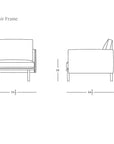 Line drawing of the Pensive Lounge Chair | Leather by Wooden Stories, shown front and side. Dimensions: 33.5"W x 34.5"D x 30.5"H, seat height 16". SOBO Oakland logo at bottom right. Inspired by Danish lines.