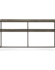 The Ethnicraft Pentagon Console - Whiskey is a modern rectangular console table with a thin black metal frame and two textured dark wood shelves, featuring natural color pigments. It is shown from the front against a white background.