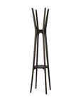 The Ethnicraft Pi Coat Stand in mahogany features a modern, minimalist design with four angled legs and extended arms for hanging, showcasing an open geometric structure.