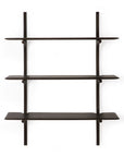 The Ethnicraft Pi Wall Shelf - Dark Mahogany features three horizontal shelves and four vertical brackets, shown against a plain white background.