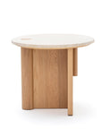 The Pivot Side Table | Light Oak - Stone Top by Wooden Stories features a solid wood base, beige stone tabletop with a circular cutout, and minimalist lines. Its contract-grade durability makes it ideal for contemporary spaces.