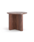 The Wooden Stories Pivot Side Table features a round wooden top, unique three-panel base, and natural wood grain finish from the Danish Collection.