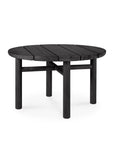 The Quatro Outdoor Side Table 23.5 by Ethnicraft is a round, black teak table with four legs and a slatted top, shown against a plain white background.