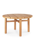The Ethnicraft Quatro Outdoor Side Table 23.5 features Grade A teak with a round slatted top and four sturdy legs, displayed on a white background.