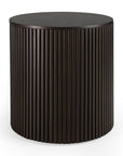 The Ethnicraft Roller Max Round Side Table in mahogany features vertical grooved slats and a smooth top. This modern, minimalist table offers storage and is shown on a white background.