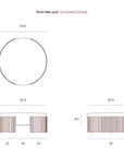 Technical drawing of the Ethnicraft Roller Max Pouf showing side and top views with labeled segment measurements; dimensions in inches: diameter 33.5, height 14, width 32.5.