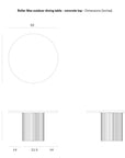 Technical drawing of the Ethnicraft Roller Max Outdoor Dining Table, made with reclaimed teak and a concrete top, showing dimensions in inches: 50" diameter, 30" height (2" top, 28" base), and base widths of 21.5" and 14".