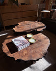 The Bolinas Nesting Coffee Table Set - Claro Walnut by SOBU features two handcrafted coffee tables with natural edges, made in Oakland. In a sunlit living room furnished with wood and neutral decor, stacked books and two small decorative plates adorn their surfaces.
