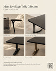 Four images display base options for the Mars Live Edge Dining Table - Black Ash with Wood Legs by SOBU: wood legs, curved metal legs, black T legs, and brass T legs. Each table is crafted from solid American ash in a dark, sleek finish—an ideal addition to modern interiors. The collection allows you to customize the dining table length to suit your space. The SOBU Oakland logo appears at the lower right corner.