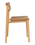 Side view of the Wooden Stories Poise Dining Chair in Light Oak with Leather, featuring Danish-inspired lines, a light brown leather seat, slightly angled backrest, straight legs, and a minimalist natural wood finish.
