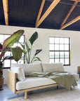 A minimalist living room features the SOBU Woody Sofa (One Arm) in white ash with natural kapok cushions, accented by a green throw. Large leafy plants sit beside the sofa, sunlight pours in through grid windows, and exposed wood beams highlight the ceiling.