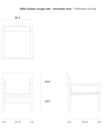 Line drawings of the Ethnicraft Safari Lounge Chair from top, front, and side perspectives with dimensions in inches—width: 26.5″, depth: 32″, height: 28.5″. The Ethnicraft logo and details accentuate this outdoor lounge chair crafted from teak with a removable cover at the top.