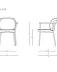 Line drawing of the Solace Dining Armchair | Fabric, a solid wood chair by Wooden Stories, shown from front and side views. Dimensions: H32", SH19", W25", SW21", D22.5". Model 534-1203. Includes SOBU Oakland logo.