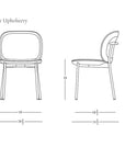 Line drawings of the Solace Dining Chair | Fabric by Wooden Stories, a modern upholstered chair with premium steel frame, shown in front and side views with inch dimensions. Wooden Stories logo appears in the bottom right corner.