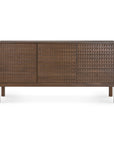 The Sono Sideboard by Ethnicraft features three cabinet doors with a geometric square pattern and four straight legs. Finished in dark brown wood, it blends functional storage with classic European refinement.
