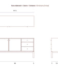 Line drawing of the Ethnicraft Sono Sideboard, featuring 2 doors and 3 drawers. Illustrates front, side, and top views with dimensions: 67.5 W x 34.5 H x 19 D. Showcases antique-inspired craftsmanship.