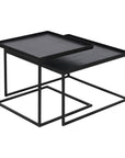 The Ethnicraft Square Tray Coffee Table - Set of 2 features modern black square tables with slim metal frames, designed to nest together—ideal as a sleek coffee table or for displaying Ethnicraft trays.