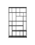 The Ethnicraft Studio Rack is a tall, black metal bookshelf featuring an open geometric grid and shelves in varying sizes, inspired by Ethnicraft’s style. It stands boldly against a plain white background.