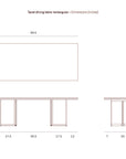 Line drawing of the Ethnicraft Tacet Dining Table displays dimensions—94.5 L x 39.5 W x 30 H—with front, side, and top views and base measurements in inches.