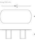 Line drawing of the Tathra Ellipse Dining Table | Stone, showing an elliptical top view measuring 106 1/2 inches long by 43 1/2 inches wide and a side view with a height of 29 1/2 inches.