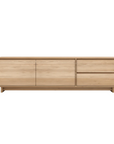The Ethnicraft Wave TV Cupboard - 83 is a light wood sideboard made from solid European oak, featuring classic minimalist design with two left-side cabinet doors and two right-side drawers, shown against a white background.