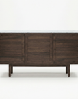 The Wooden Stories Yorke Sideboard with Stone Top features Danish-inspired lines, three paneled cabinet doors, a white marble surface, and stands on four straight legs against a plain white background.