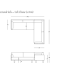 Line drawing of the Woody Sectional Sofa - White Ash and Charcoal, a left chaise sectional with two arms by SOBU, featuring a solid white ash wood frame and shown from top and front views; includes measurements for length, width, and height. SOBU logo in bottom right corner.