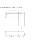 Line drawing of a SOBU Woody Sectional Sofa - White Ash and Fog with left chaise, featuring a solid white ash frame, showing top and front views with measurements. SOBU logo appears in the bottom right corner.