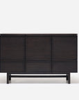 The Yorke Highboard by Wooden Stories features modern, dark wood construction, clean lines, six square front panels, and four short legs, set against a plain white background.
