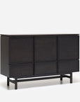 The Yorke Highboard by Wooden Stories is a modern dark wood sideboard with six flat panel doors and four legs connected by a horizontal support bar, inspired by Scandinavian design and shown against a plain white background.