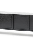 The Yorke Sideboard with Stone Top by Wooden Stories features a modern black wood design with Danish lines, four paneled cabinet doors, slim legs, and a light-toned stone surface.