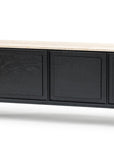 The Yorke Sideboard with Stone Top by Wooden Stories features Danish-inspired lines, a stone top, four black paneled cabinet doors, and stands on slim black legs.