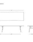Line drawing of the Mars Live Edge Dining Table - Walnut with Wood Legs by SOBU, shown from top, side, and end views with measurements. Simple lines highlight its rectangular solid walnut form and dimensions.