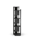 The Ethnicraft Abstract Column bookshelf features a modern black, asymmetrical geometric design with multiple shelves and rectangular partitions, inspired by abstract columns and crafted from FSC certified teak.
