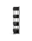 The Abstract Column by Ethnicraft is a modern black bookshelf made from FSC certified teak, featuring four open shelves, an attached ladder, and a minimalist design, shown on a white background.