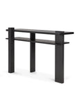The Ethnicraft Abstract Console features a modern black wooden design with three thick legs, a flat rectangular top, and a lower shelf. Clean lines and minimalist style reflect de Stijl influences, for a striking contemporary look.