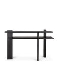 The Ethnicraft Abstract Console is a modern black wooden table with minimalist geometric design, asymmetrical legs, and two flat rectangular shelves, inspired by de Stijl.