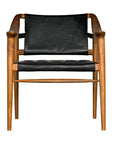 The Garibaldi Chair by Noir Trading Inc. features a modern teak frame with black leather seat and backrest, shown from the front against a white background.
