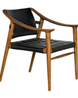 The Garibaldi Chair by Noir Trading Inc. features a modern teak frame with angled legs, curved armrests, and a sleek black leather seat and backrest for a minimalist, elegant look.