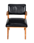 The Dolores Chair by Noir Trading Inc. is a black leather armchair made from teak with cushioned seat and backrest, presenting classic mid-century style when seen from the front on a white background.