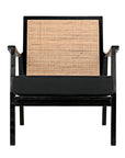 Front view of the Lichtenstein Chair by Noir Trading Inc., showcasing a black Sungkai/Mindi wood frame, woven rattan backrest, and simple black seat cushion against a white background.