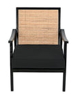 Front view of the Noir Trading Inc. Lichtenstein Chair, featuring Sungkai/Mindi solid wood, a woven rattan backrest, and a black cushioned seat for a blend of traditional and modern style.