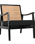 The Lichtenstein Chair by Noir Trading Inc. features a black sungkai/mindi solid wood frame, black seat cushion, and woven rattan backrest, shown against a white background.