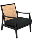 The Lichtenstein Chair by Noir Trading Inc. features a black Sungkai/Mindi solid wood frame, black seat cushion, and a woven rattan backrest panel.
