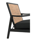 Side view of the Lichtenstein Chair by Noir Trading Inc., with a black solid wood frame, black cushioned seat, and woven rattan backrest, shown against a white background.