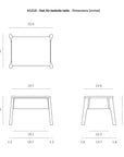 Line drawing of the Ethnicraft Air Nightstand oak bedside table with dimensions in inches: top view 22.0 x 17.3, front view 19.7W x 14.6H, side view 14.6W x 14.6H, plus leg spacing and height details included.