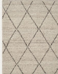 The Atlas Rug - Limestone by Armadillo&Co is a beige, hand-knotted rug inspired by Moroccan Beni Ourain designs, featuring bold black dashed lines forming large diamond patterns. Only a portion of this timeless piece is shown.