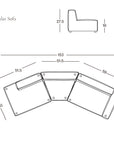 Line drawing of the Baker Modular Sofa | Fabric • M9 by Wooden Stories, top view with sectional measurements in inches, side profile showing height and seat depth, and SOBO Oakland logo in the bottom right corner.