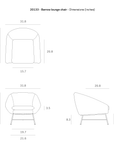 Technical drawing of the Ethnicraft Barrow Lounge Chair - Ginger, displaying its vintage-inspired design with front, top, and side views plus dimensions in inches: width, depth, height, and seat height.